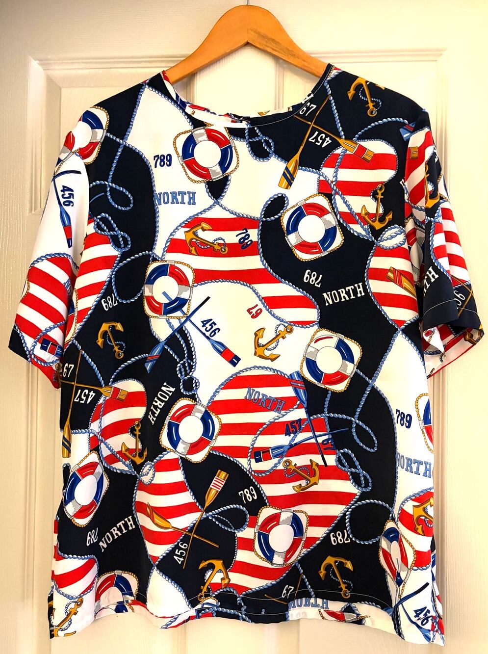 Vintage Kathie Lee Nautical Novelty Print Blouse Size 16 Boxy Red White Blue